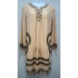 VENUS Dress Women's Size Medium Tan Bohemian Embellished Beaded Long Sleeve